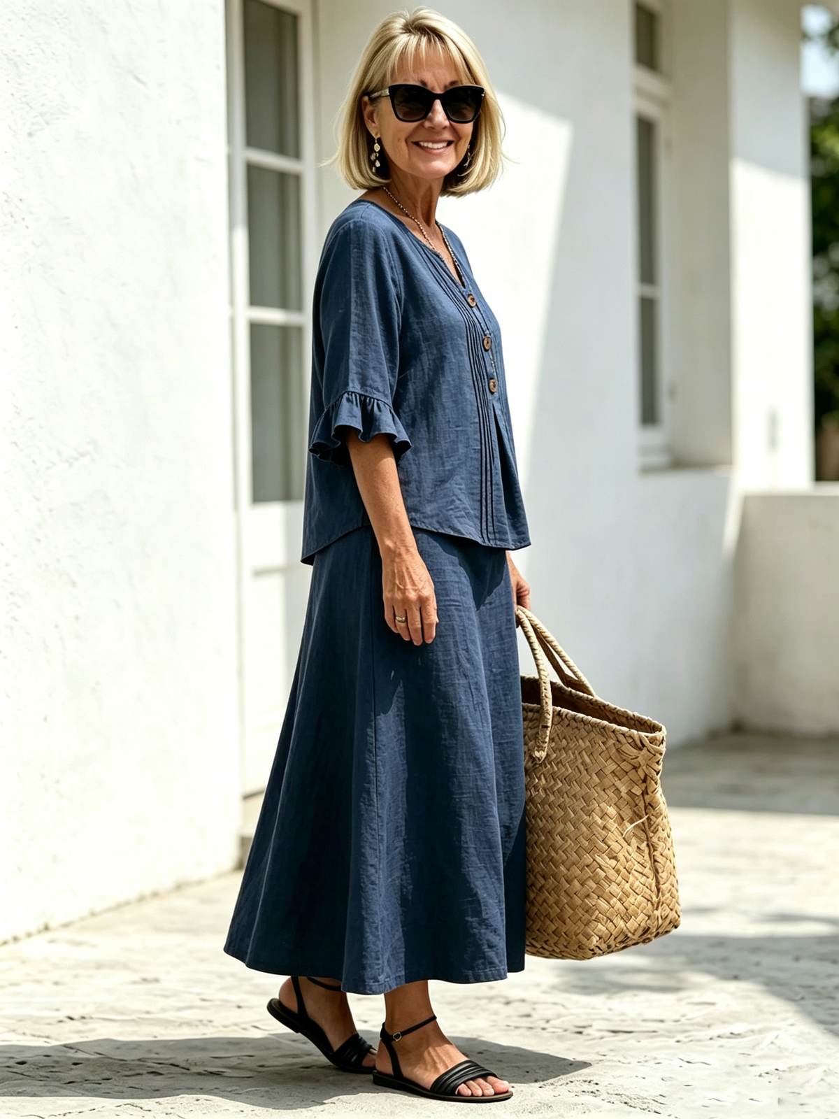 2Pcs Casual Matching Top and Skirt Set, V Neck Button Placket Blouse, Ruffle Edge Seven-quarter Sleeve, Solid Lightweight Linen-like Fabric, Loose A-line Midi Skirt, Relaxed Fit Co-Ord Outfit for Daily Wear and Vacation