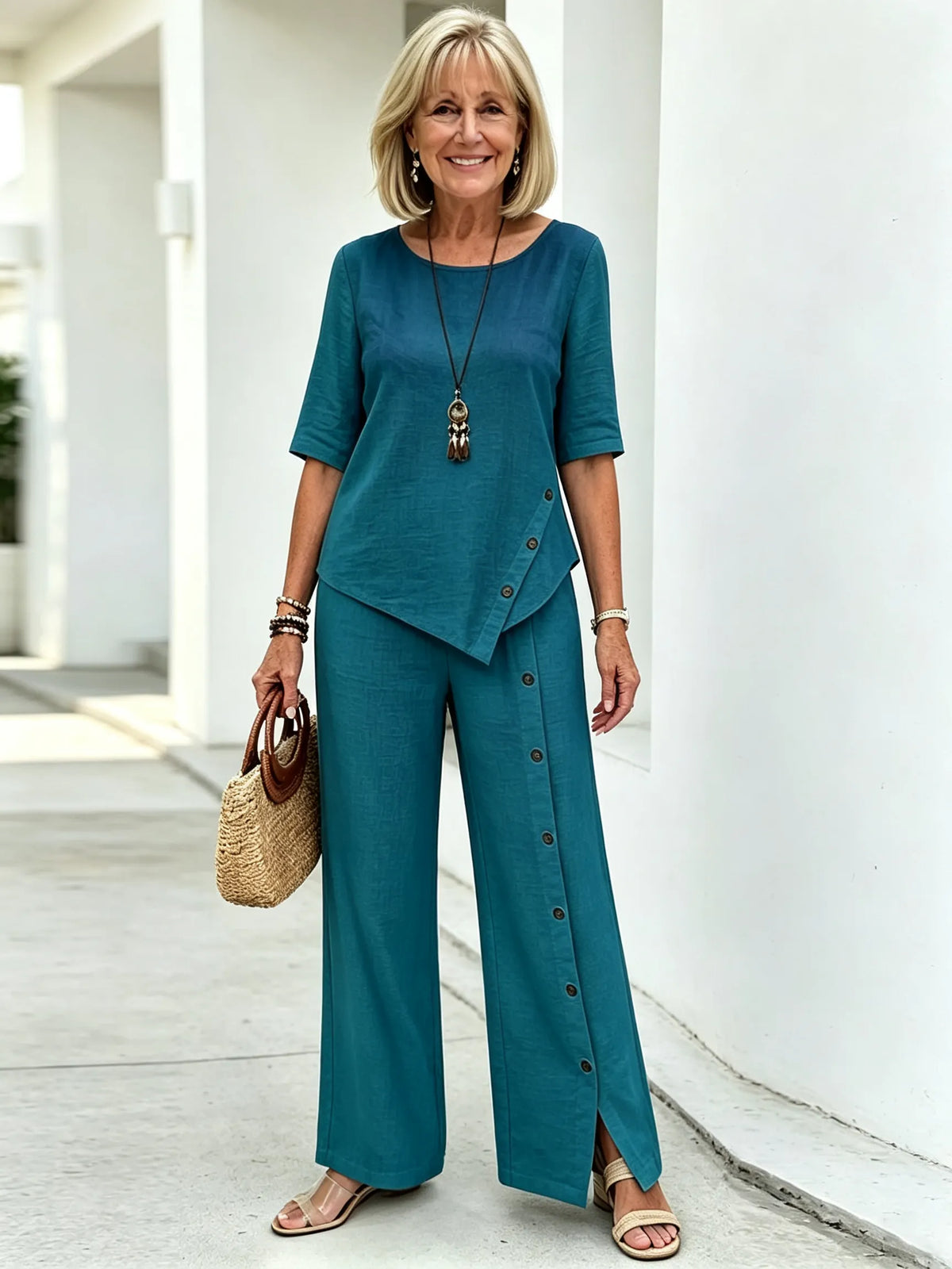 2Pcs Cotton and Linen Irregular Hem Trousers Set Button Half Sleeve Shirt Loose Two-piece Set