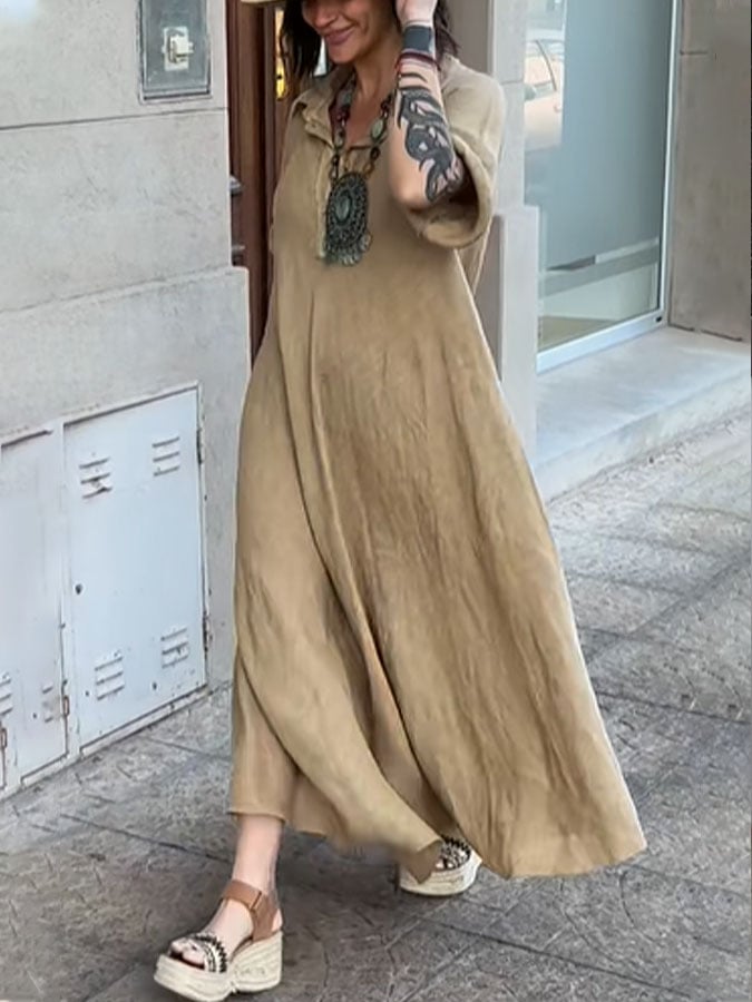 Women's Casual Solid Lapel Button Cotton Dress