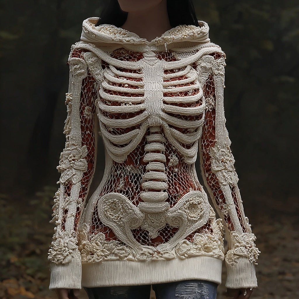 Vintage Halloween Anatomy And Rose Art Knit Hooded Sweater