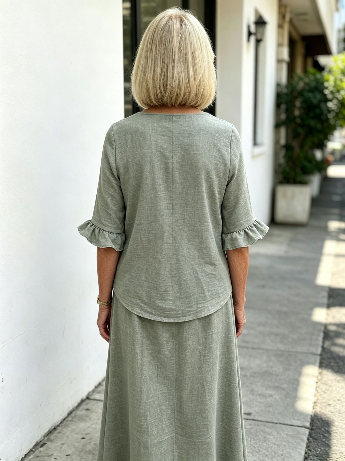 2Pcs Casual Matching Top and Skirt Set, V Neck Button Placket Blouse, Ruffle Edge Seven-quarter Sleeve, Solid Lightweight Linen-like Fabric, Loose A-line Midi Skirt, Relaxed Fit Co-Ord Outfit for Daily Wear and Vacation