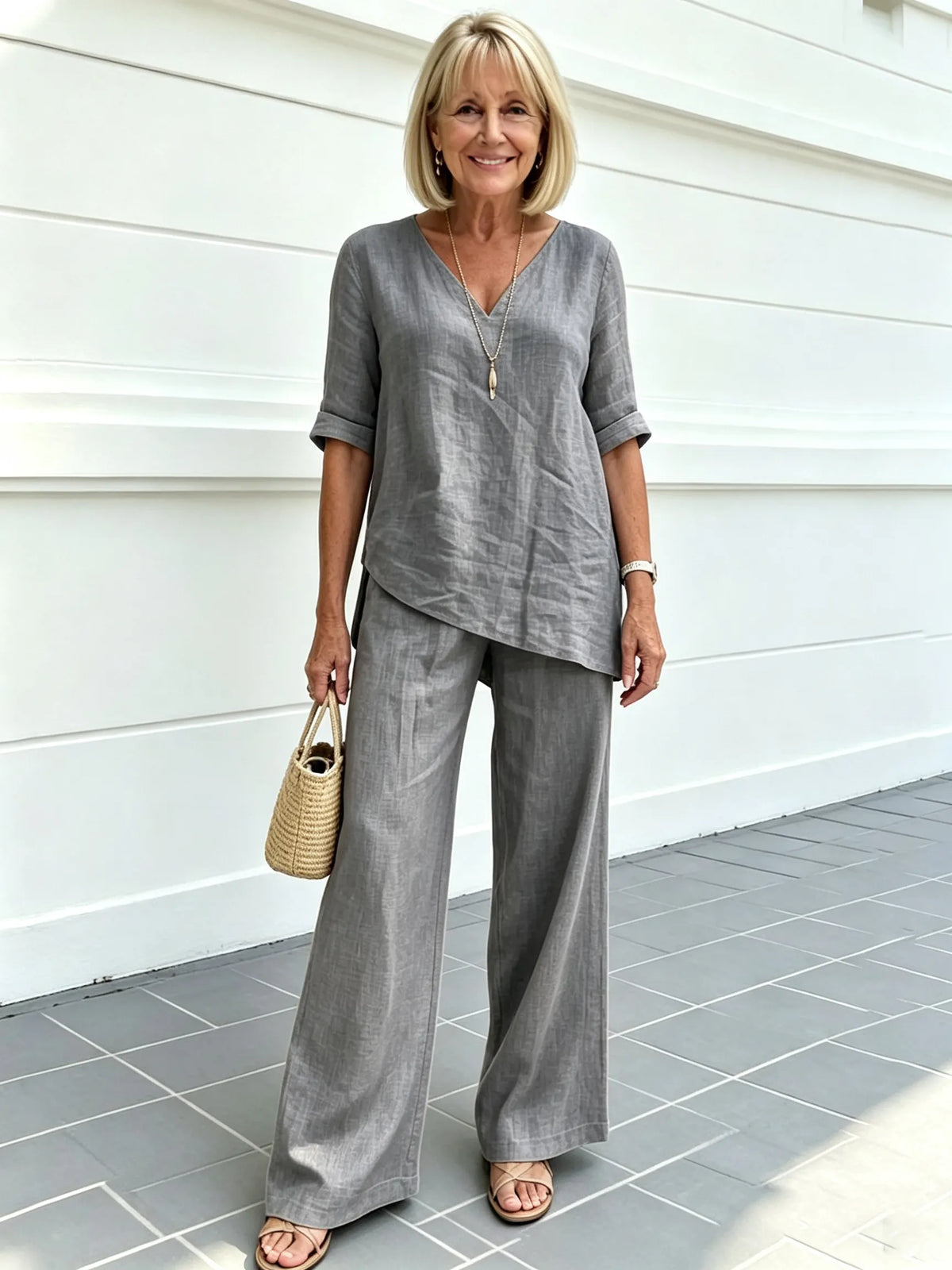 Casual Cotton and Linen Solid Color Fashion Casual Medium Sleeve V-neck Top Set