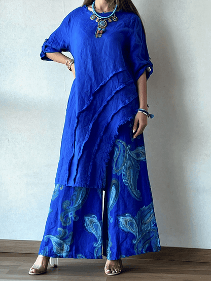 Women'S Irregular Top Print Wide-Leg Pants Suit