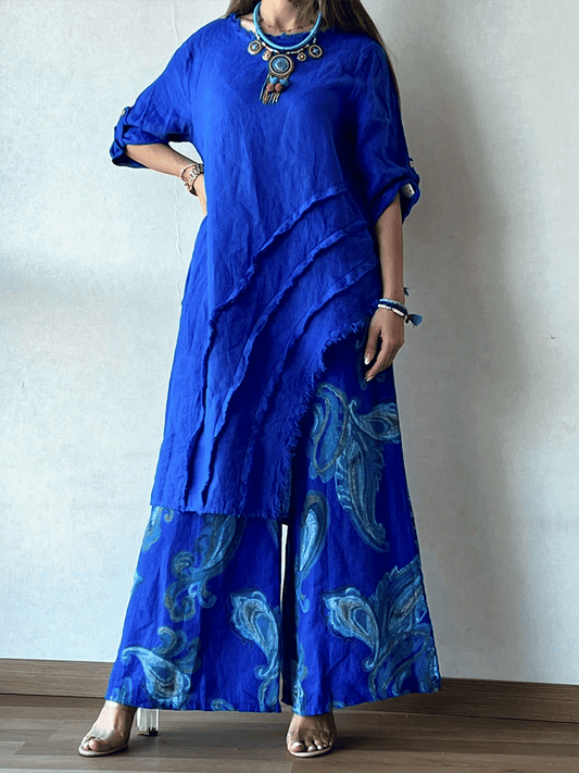 Women'S Irregular Top Print Wide-Leg Pants Suit