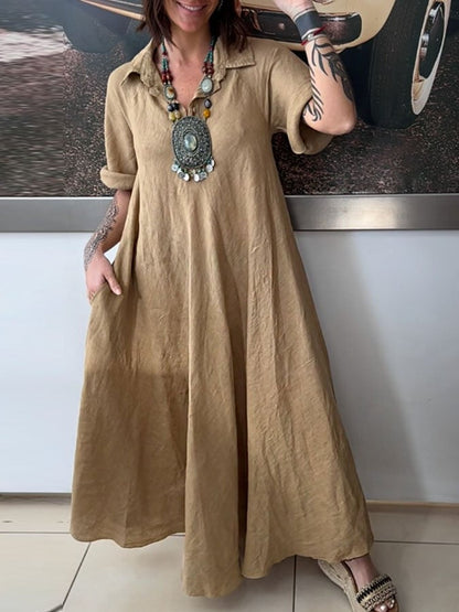 Women's Casual Solid Lapel Button Cotton Dress