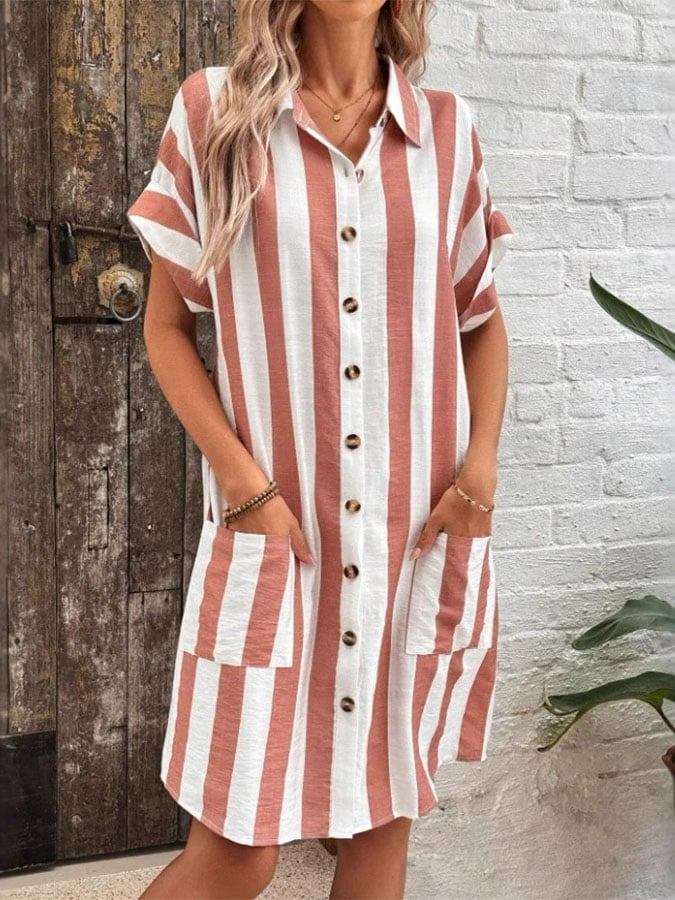 Women's Casual Lapel Striped Print Short Sleeve Dress