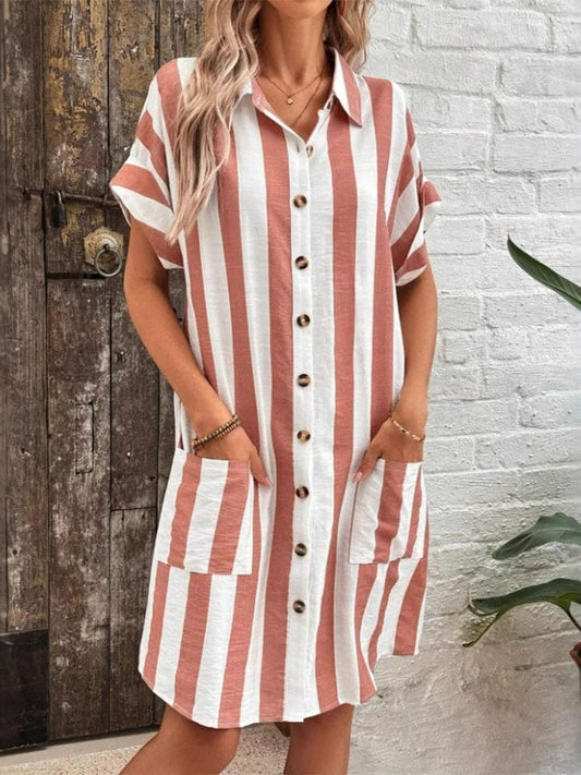 Women's Casual Lapel Striped Print Short Sleeve Dress