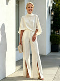 Solid Color 2 Piece Outfit Set, Semi High Mock Neck Cape Sleeve Blouse, High Waist Split Wide Leg Pants, Light Textured Woven Fabric, Relaxed Elegant Silhouette, Flowy Cape Top and Front Slit Trousers for Formal and Semi-formal Occasions