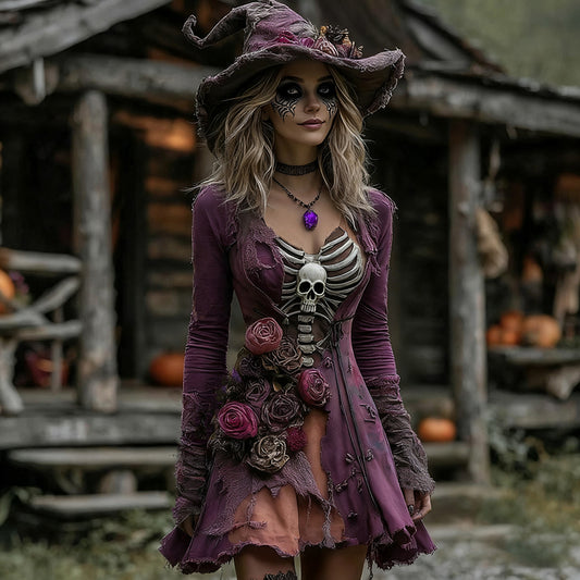 Women's Halloween Rose Skeleton Witch Cosplay Midi Dress