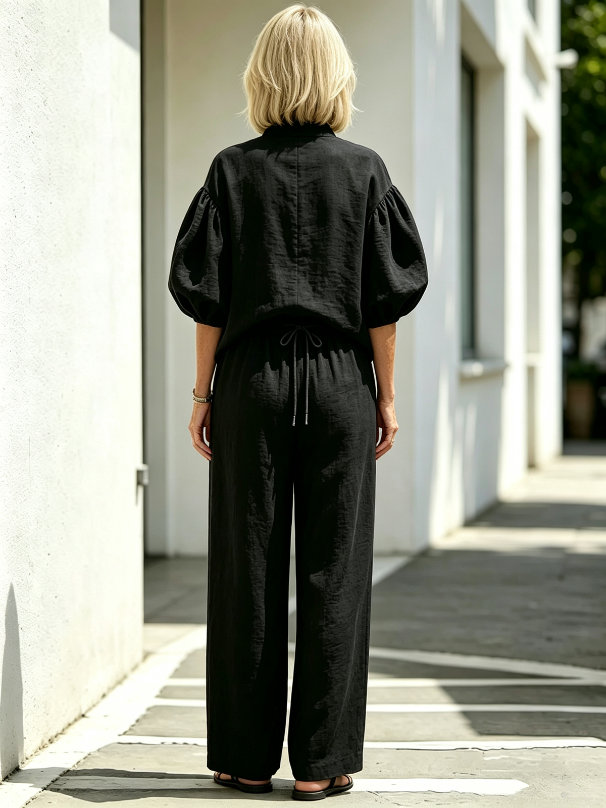 2Pcs Casual Matching Outfit Set, Stand Collar Half Zipper Top, Lantern Puff Sleeve Blouse, Solid Lightweight Textured Fabric, Elastic Drawstring Waist Wide Leg Long Pants, Relaxed Loose Fit Co-Ord Suit for Daily Leisure and Vacation