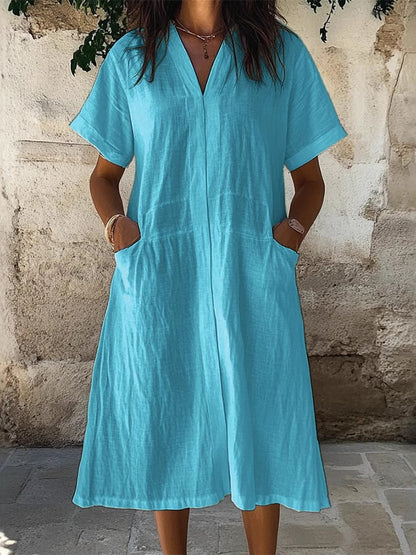 Women'S Casual Spring And Summer Loose V-Neck Solid Color Cotton And Linen Dress