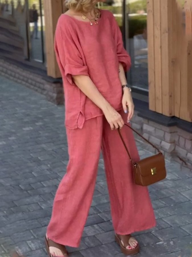 Women'S Casual Loose Solid Color Slit Top Pants Set