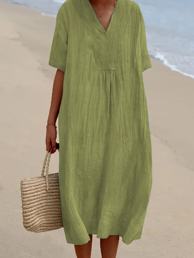 Loose Short Sleeved Solid V-Neck Dress