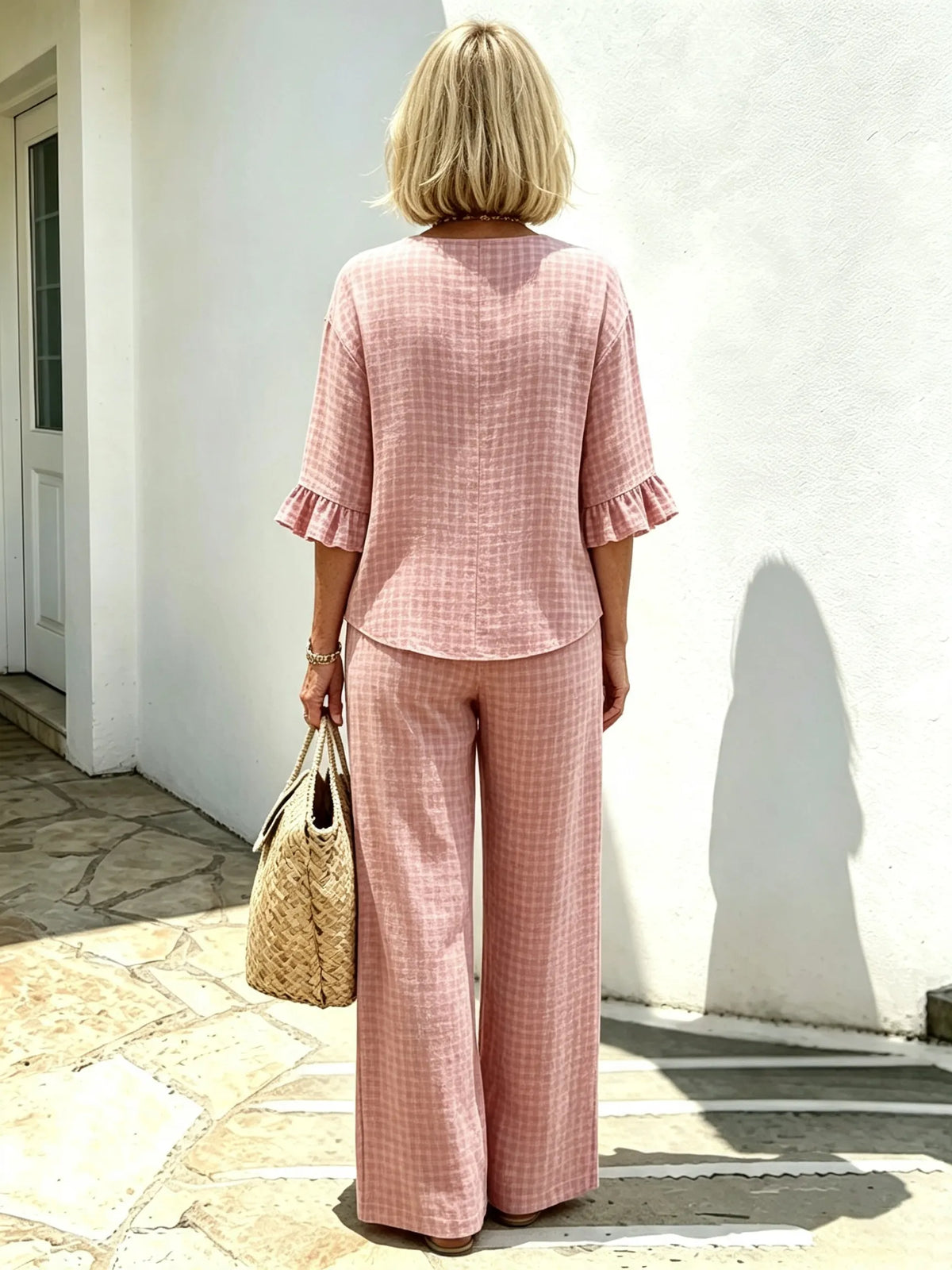 Women Elegant Linen Blend Plaid Two-Piece Casual Pant Set, Woven Textured Gingham Check Pattern Matching Outfit, Notch V-Neck Three Wooden Button Front Top With Ruffle Flared 7/4 Length Bell Flounce Sleeves, Loose High Waist Wide Leg Full Length Trousers