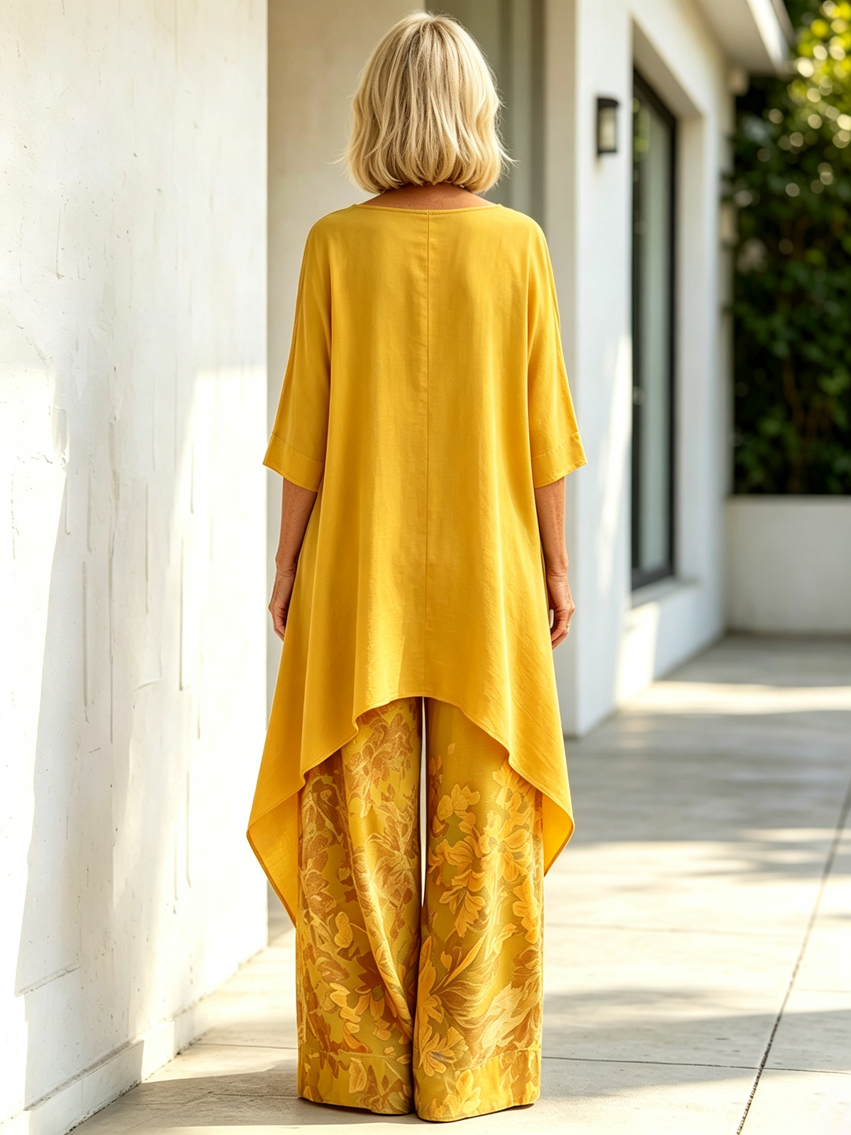2‐Piece Outfit Set, Solid Color Asymmetrical Draped 3/4 Sleeve Boat Neck Top, Floral Printed High‐Waist Wide‐Leg Pants With Side Pockets, Loose Flow‐y Linen‐blend Fabric, Relaxed Silhouette For Daily Wear, Vacation And Casual Occasions