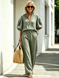 2Pcs Casual Matching Outfit Set, Stand Collar Half Zipper Top, Lantern Puff Sleeve Blouse, Solid Lightweight Textured Fabric, Elastic Drawstring Waist Wide Leg Long Pants, Relaxed Loose Fit Co-Ord Suit for Daily Leisure and Vacation