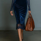 Elegant Velvet V-Neck Lace Fitted Midi Dress