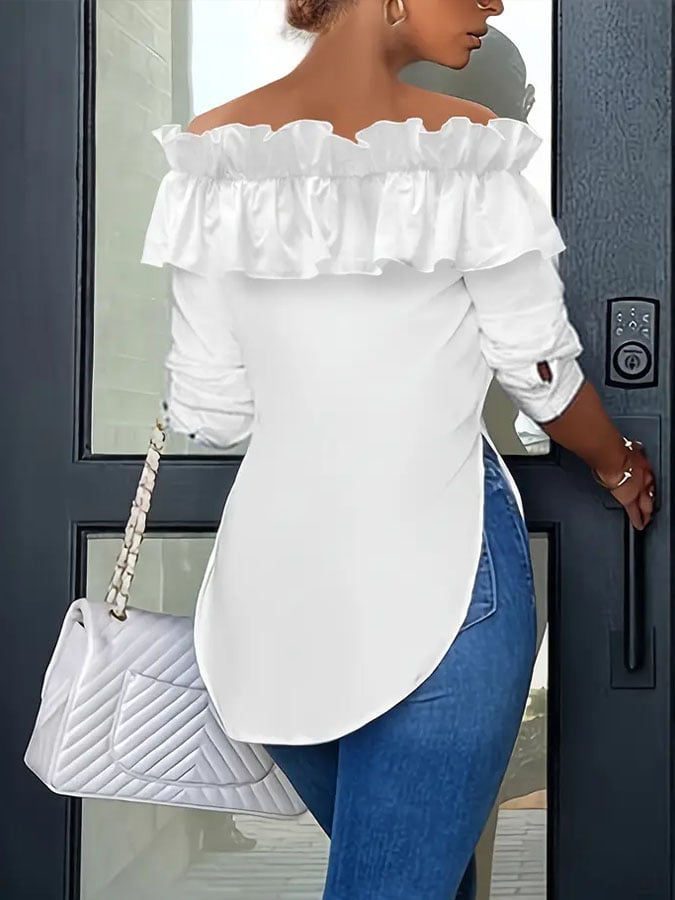 Women's Casual Solid Color Long Sleeve One Shoulder Ruffled Shirt