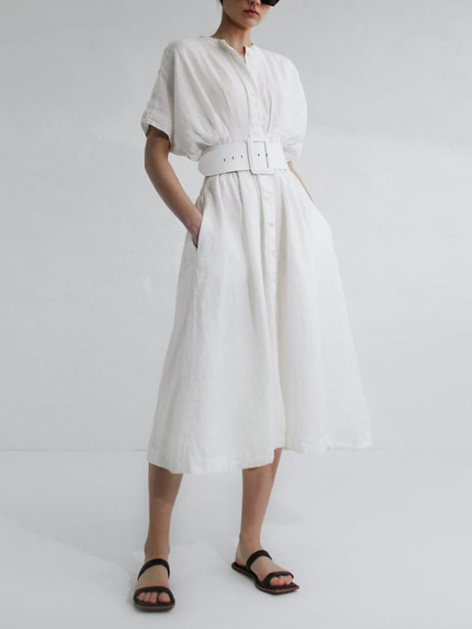 Women's Solid Color Gathered Waist Button Linen Dress