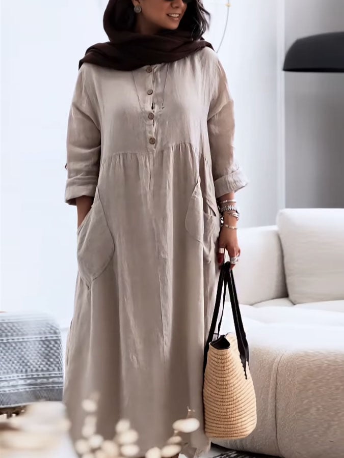 Women's Casual Solid Color Round Neck Long Sleeve Button Dress