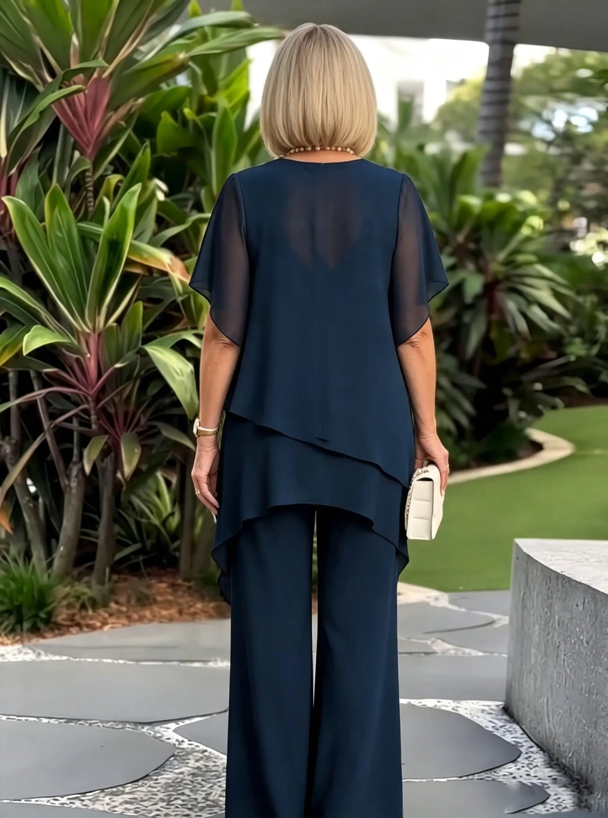 Women's 2 Piece Chiffon Pants Set, Round Neck Sheer Flutter Sleeve Asymmetric Double Layer Tunic Top & Wide Leg Trousers, Elegant Loose Matching Outfit for Wedding Guest Formal Occasions