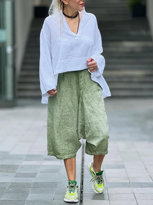 Women's Casual Solid Color V-Neck Long Sleeve Loose Top Cropped Shorts Set