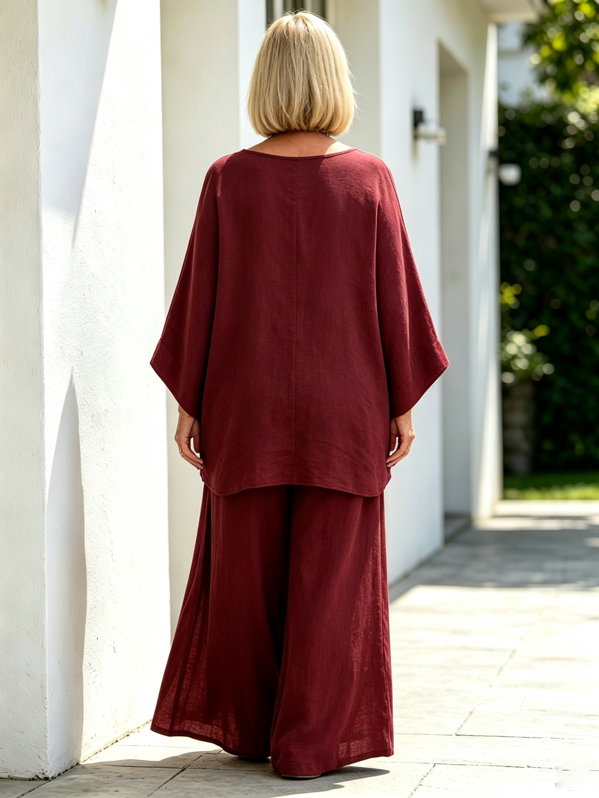 2Pcs Elegant Women Solid Linen‐Blend Two‐Piece Set, Oversized Batwing Sleeve Uneven Hem Tunic Blouse, Breathable Flowy Wide Leg Floor‐Length Pants, Loose Comfortable Casual Co‐ord Suit for Beach Holiday Daily Street Wear