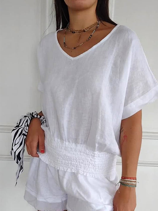 Women'S Casual Gathered Hem V-Neck Cotton And Linen Top