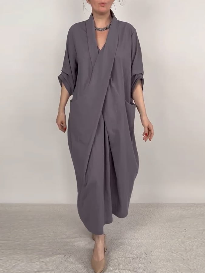 Women'S Casual Large Pocket Crossover V-Neck Cotton And Linen Dress