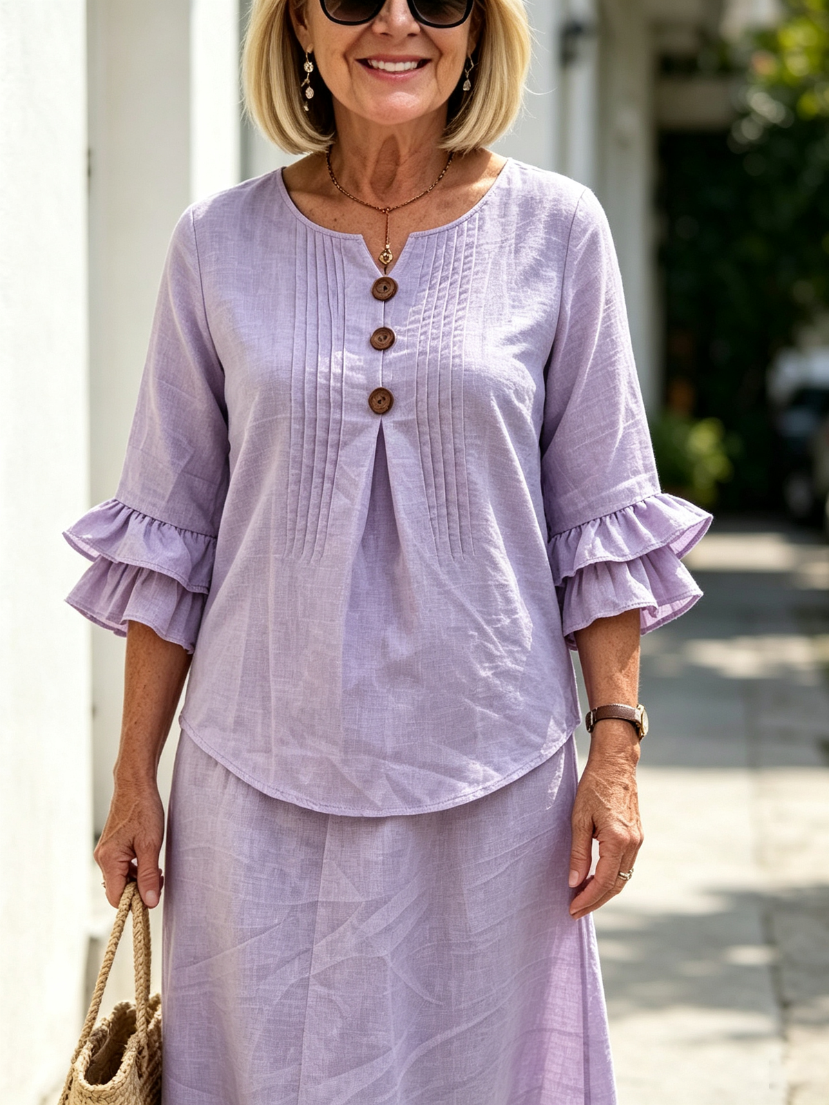 2Pcs Casual Matching Top and Skirt Set, V Neck Button Placket Blouse, Ruffle Edge Seven-quarter Sleeve, Solid Lightweight Linen-like Fabric, Loose A-line Midi Skirt, Relaxed Fit Co-Ord Outfit for Daily Wear and Vacation