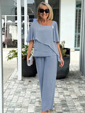 Women's 2 Piece Pants Outfit Set, Asymmetric Neck Flutter Sleeve Beaded Chiffon Top & Wide Leg Trousers, Elegant Loose Matching Two Piece Set for Wedding Guest Daily