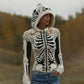 Women's Halloween Skeleton Bones With Roses Art Knitted Warm Zipper Hooded Sweater