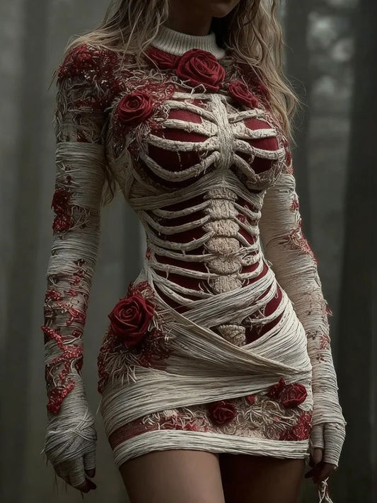 Women's Vintage Red Rose Skeleton Art Knit Mini Sweater Dress