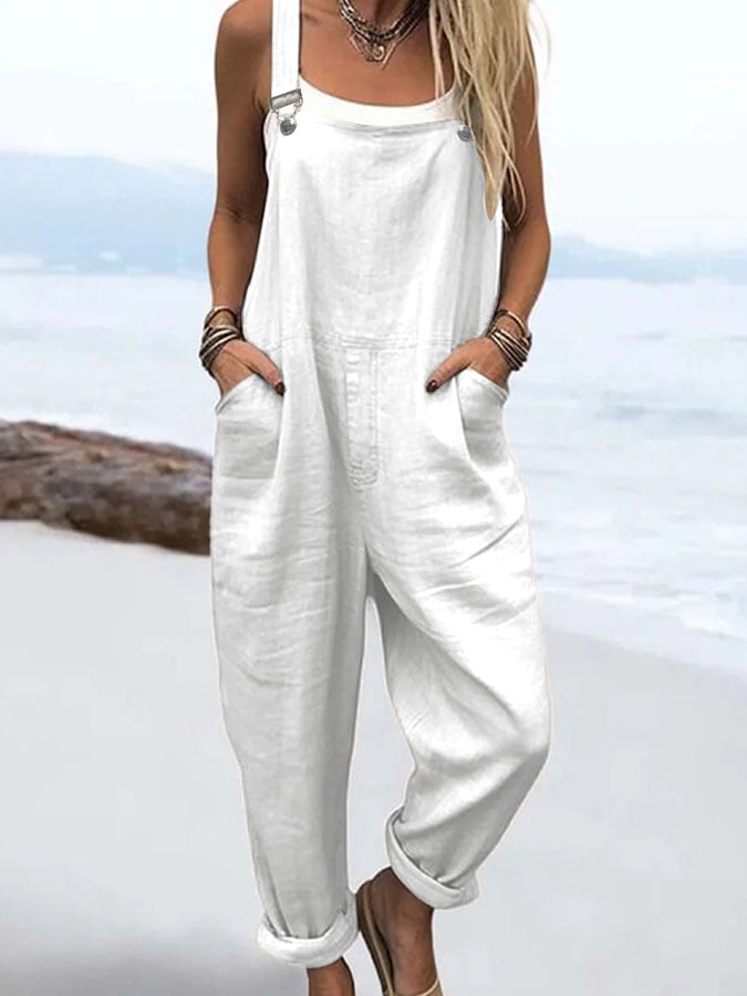 Women'S Casual Solid Color Cotton And Linen Overalls