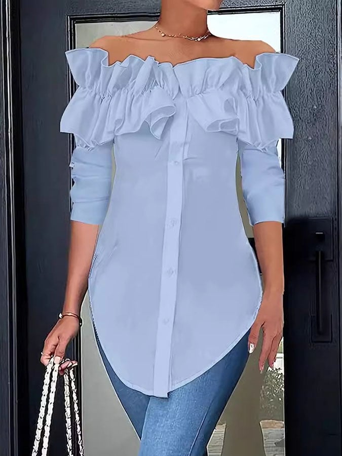 Women's Casual Solid Color Long Sleeve One Shoulder Ruffled Shirt