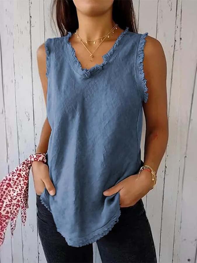 Women'S Sleeveless Tassel Stitching Casual Solid Color Cotton And Linen Vest
