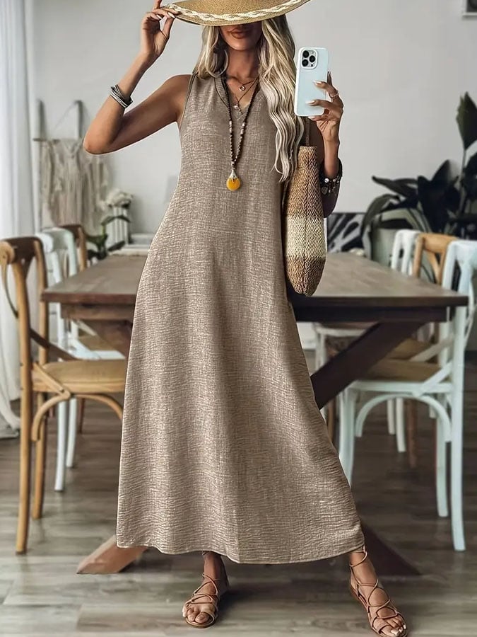 Women'S Casual Solid Color V-Neck Sleeveless Cotton and Linen Dress