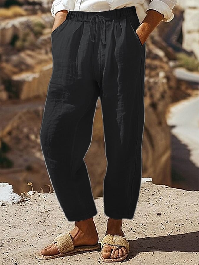 Women's Casual Regular Drawstring Pocket Cotton and Linen Pants
