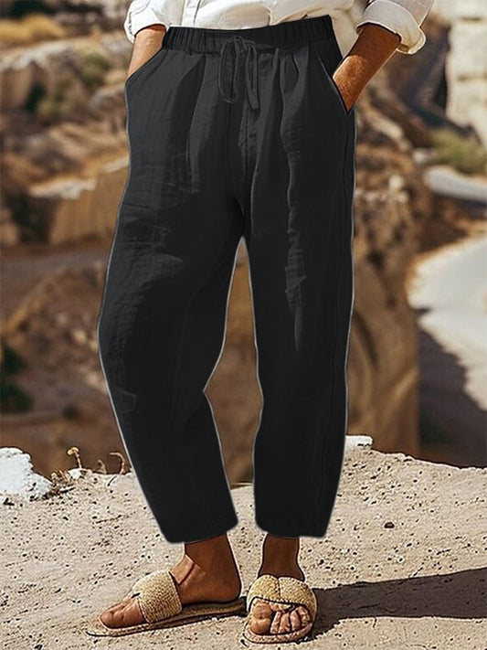 Women's Casual Regular Drawstring Pocket Cotton and Linen Pants
