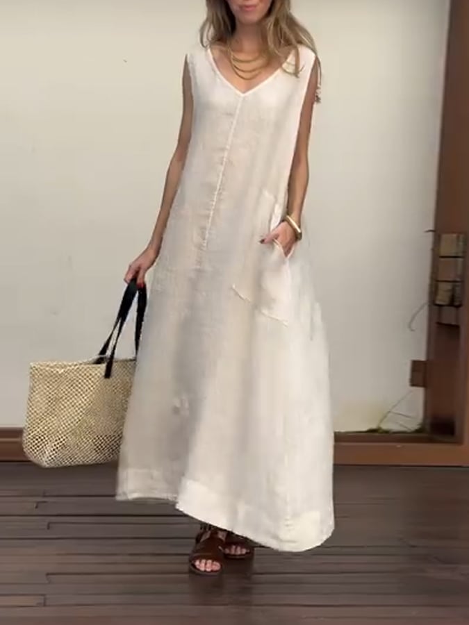 Women'S Casual Solid Color V-Neck Sleeveless Cotton And Linen Dress