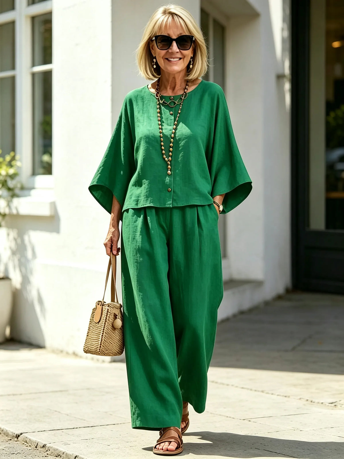 2Pcs OL style temperament women's clothing collage cotton and linen seven-quarter sleeve set size supply