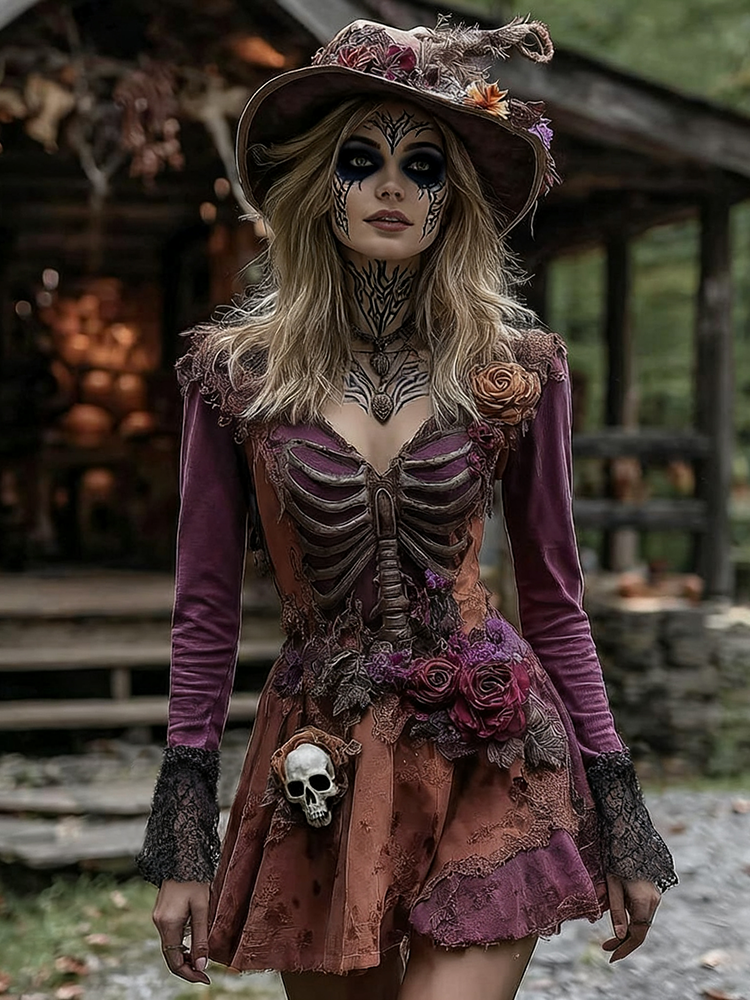Halloween Rose Skeleton Witch Cosplay Midi Dress