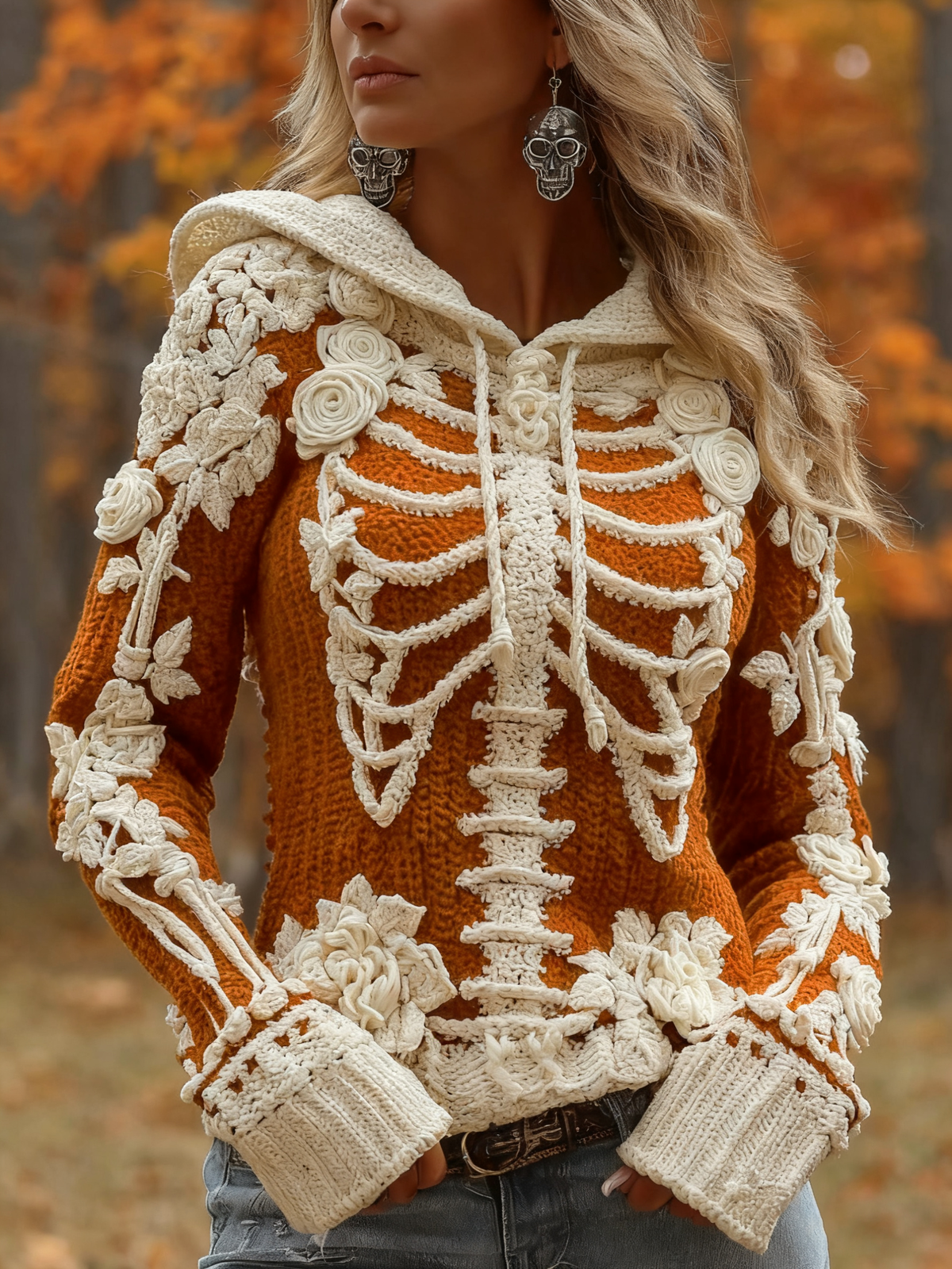 Women's Halloween Skeleton Bones With Roses Art Knitted Warm Hooded Sweater