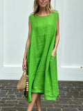 Women'S Casual Solid Color Sleeveless Cotton And Linen Dress