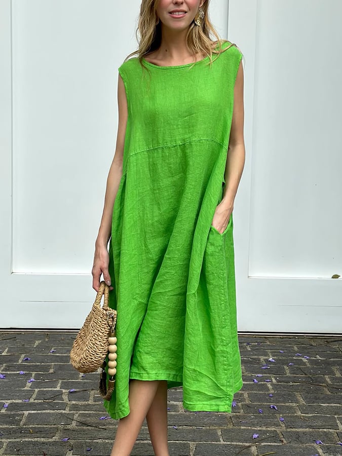 Women'S Casual Solid Color Sleeveless Cotton And Linen Dress