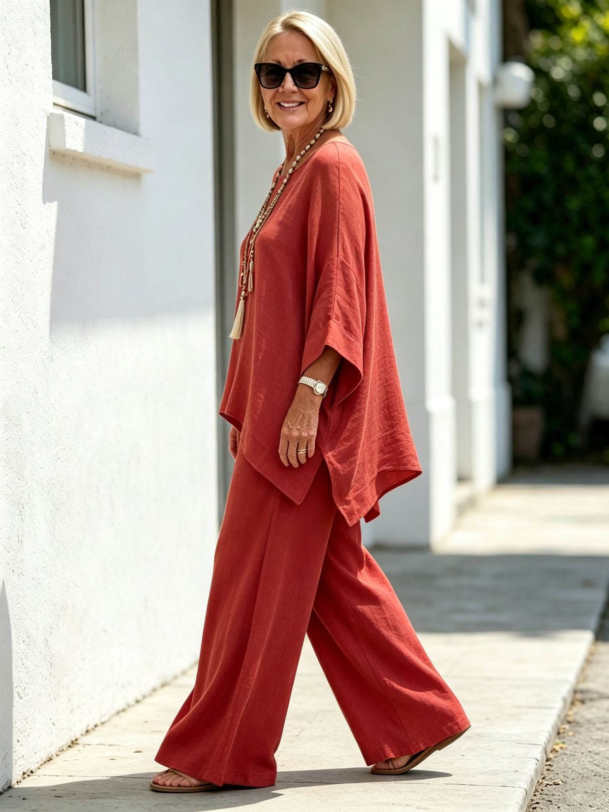 2Pcs Elegant Women Solid Linen‐Blend Two‐Piece Set, Oversized Batwing Sleeve Uneven Hem Tunic Blouse, Breathable Flowy Wide Leg Floor‐Length Pants, Loose Comfortable Casual Co‐ord Suit for Beach Holiday Daily Street Wear