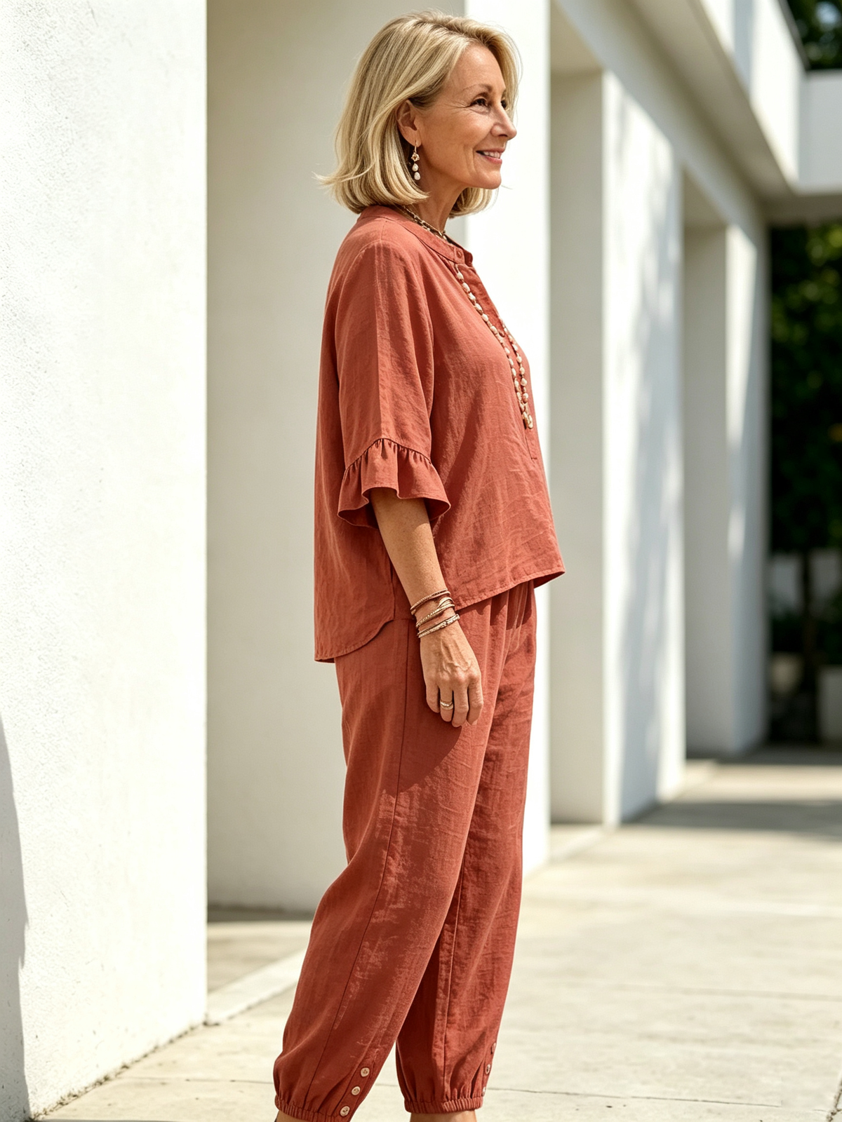 2Pcs Casual Matching Outfit Set, Mandarin Collar Half Button Top, Ruffle Edge Seven-quarter Sleeve Blouse, Solid Lightweight Textured Fabric, Elastic Waist Nine-quarter Jogger Pants with Button Hem Detail, Relaxed Loose Fit Co-Ord Suit for Daily L