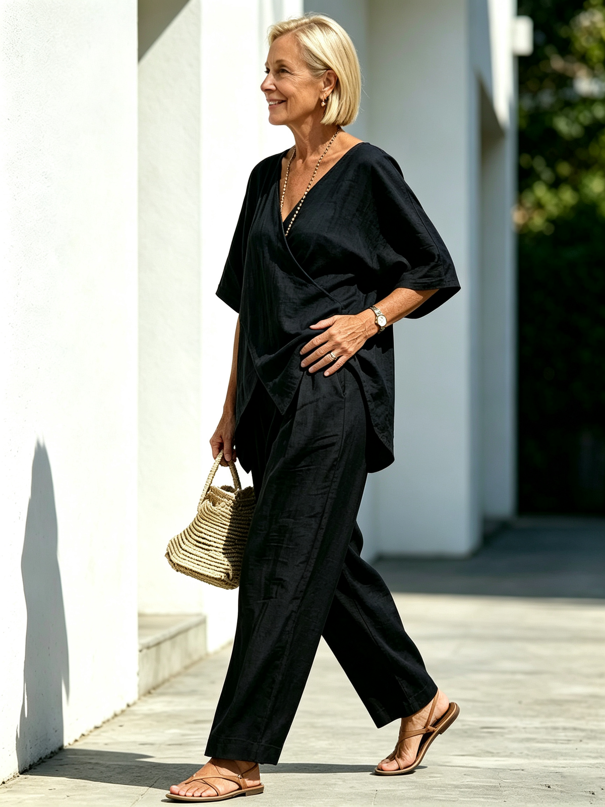 2Pcs Loose Short-sleeved Irregular Hem Top Wide-leg Pants Trousers Women's Suit