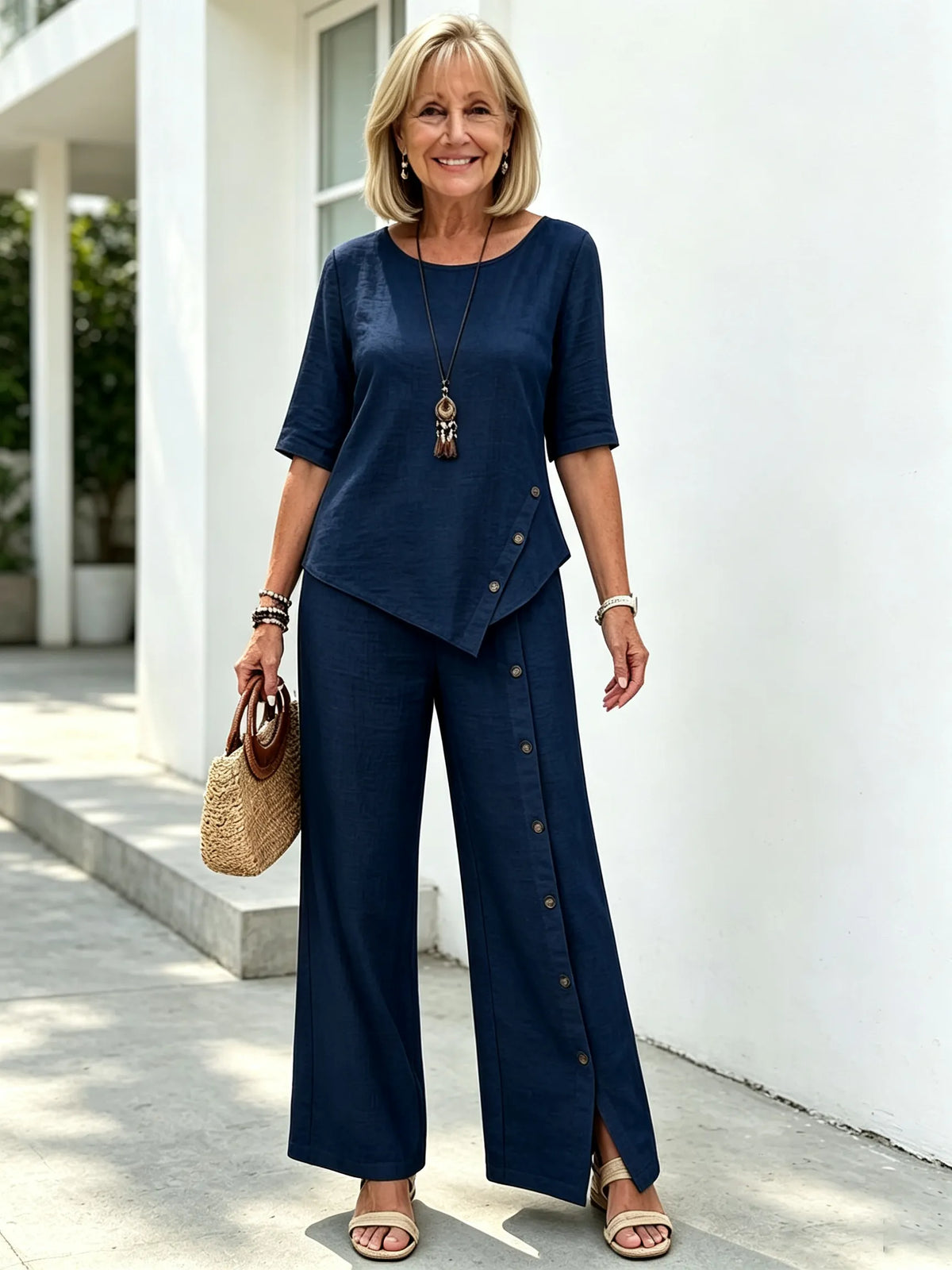 2Pcs Cotton and Linen Irregular Hem Trousers Set Button Half Sleeve Shirt Loose Two-piece Set