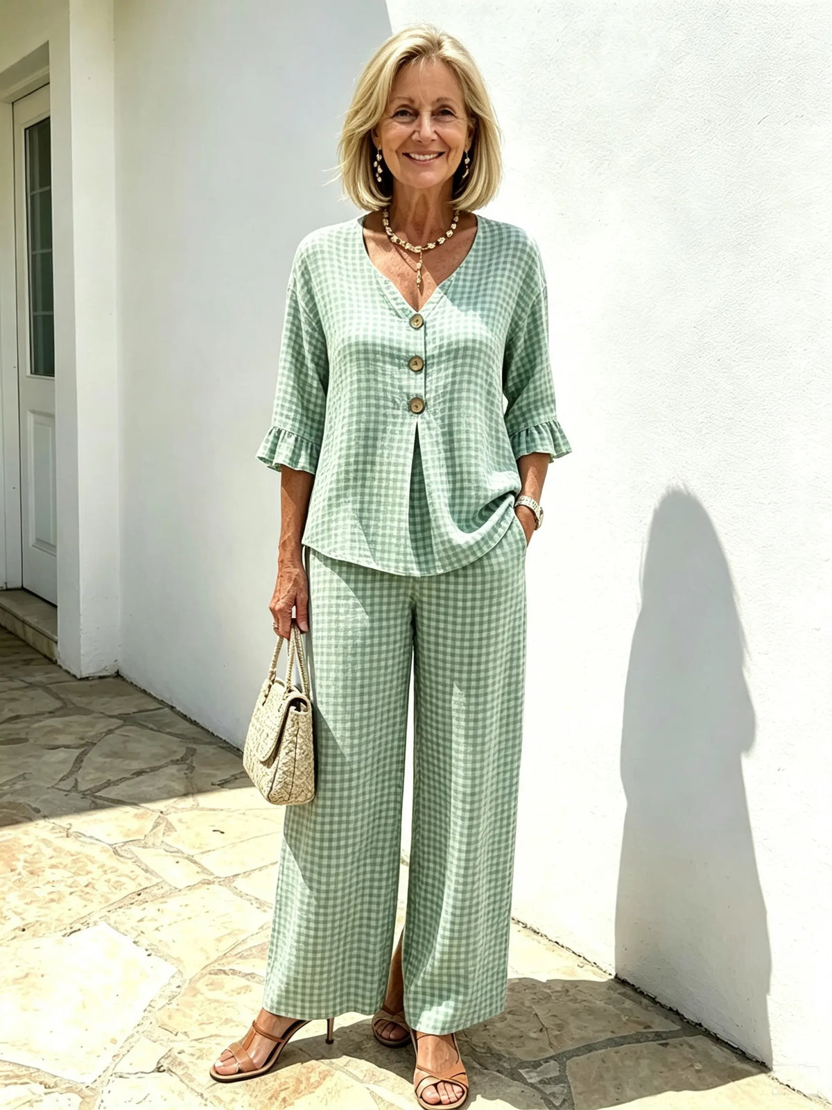 Women Elegant Linen Blend Plaid Two-Piece Casual Pant Set, Woven Textured Gingham Check Pattern Matching Outfit, Notch V-Neck Three Wooden Button Front Top With Ruffle Flared 7/4 Length Bell Flounce Sleeves, Loose High Waist Wide Leg Full Length Trousers